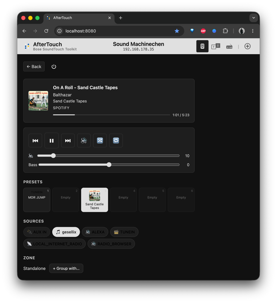 soundtouch-web UI showing Spotify playback, presets, sources, and zone management