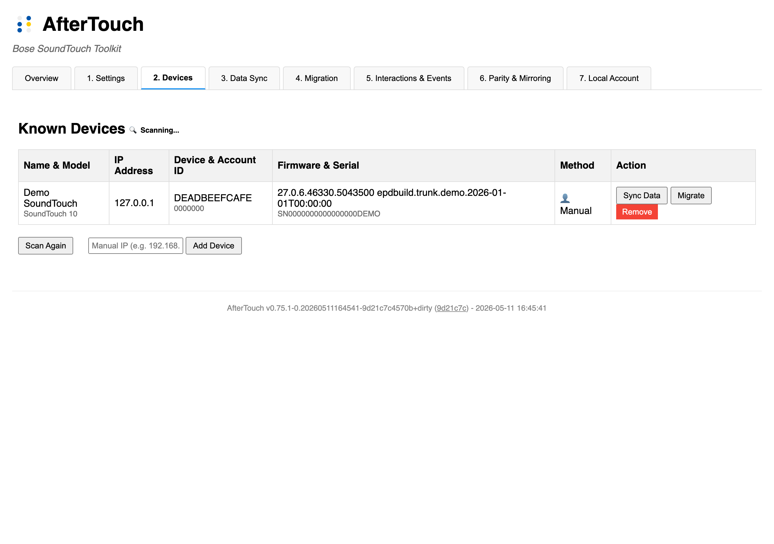 AfterTouch Devices tab showing discovered speakers