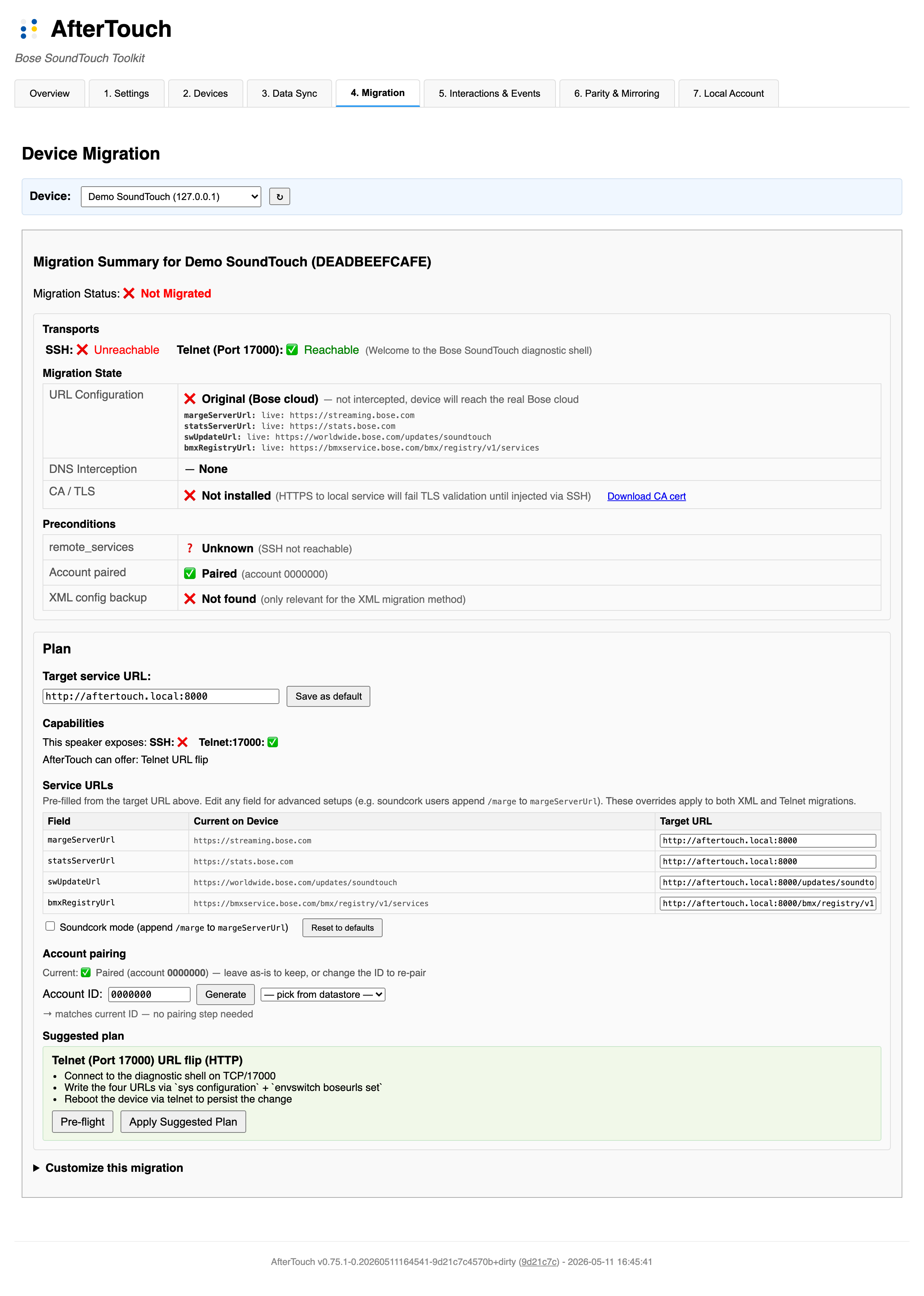 Migration tab showing the state card and Plan card